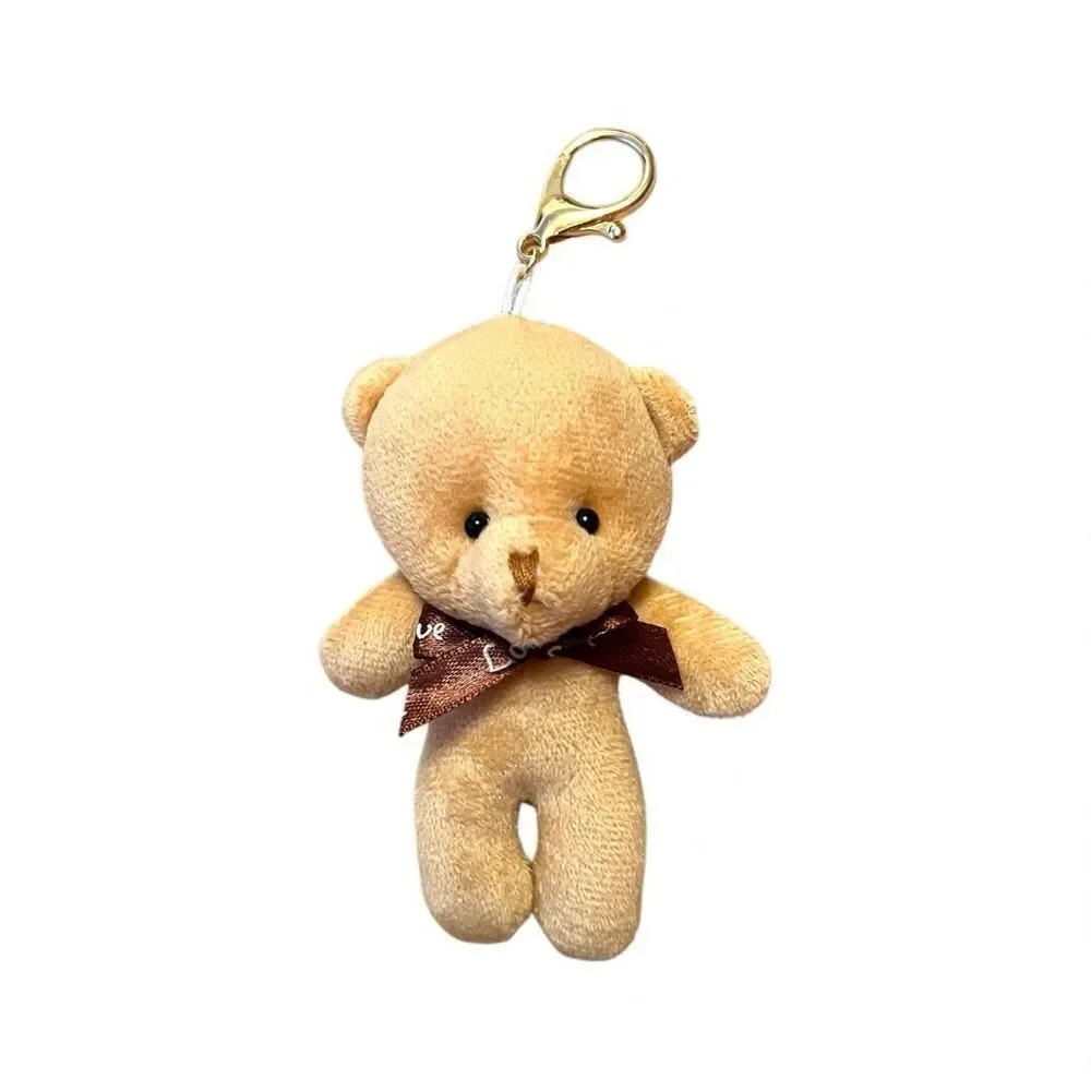 Cute Plush Tan Bear With Brown Bow Keychain